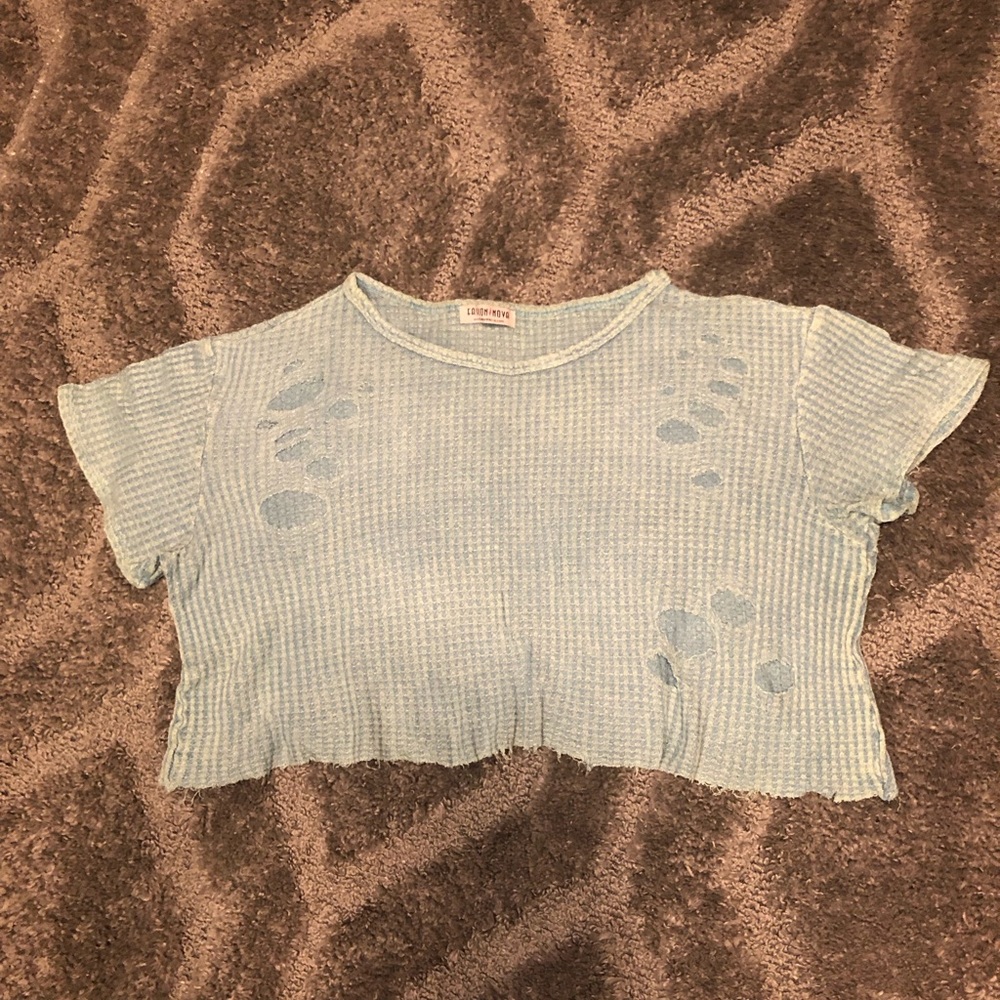 FASHION NOVA AQUA BLUE DISTRESSED CROP TOP